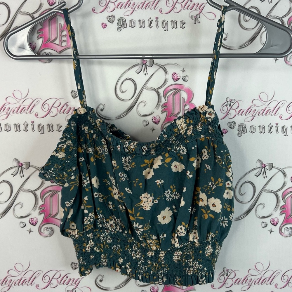 Patrons of Peace tank top cropped flowers smocked Teal Floral Crop Top